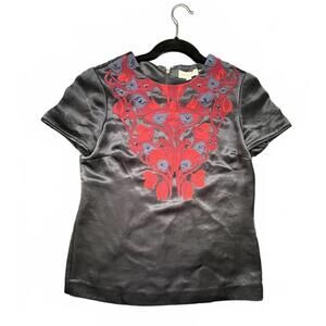 Tori Burch Tia Embroidered Satin Navy Blue Top size 4